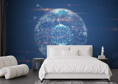 flight pathes over planet, blue style background of transparent earth with light plexus network over Wall mural