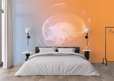 Intellectual property concept. 3d render animated brain inside protection sphere over orange background. Wall mural