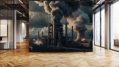 Industrial Smoke Pollution: A factory chimney emits smoke, polluting the air and contributing to environmental degradation Wall mural