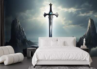 Silhouette of a silver sword with a crucifix symbol against a background Wall mural