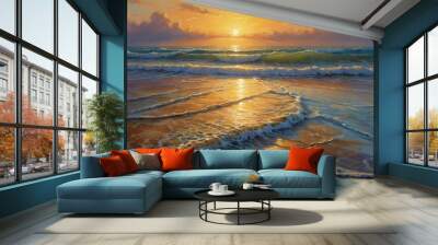 Sunset beach with ocean waves and a colorful sky Wall mural