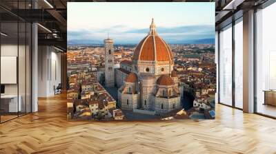 Aerial view of Florence Cathedral (Duomo di Firenze), Cathedral of Saint Mary of the Flower, sunset golden hour, Italy Wall mural