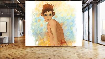 A beautiful young girl dressed as a monkey on the watercolor bac Wall mural