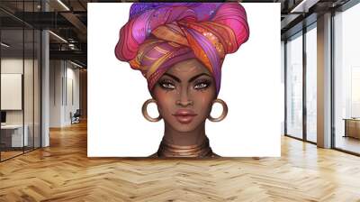 African American pretty girl. Raster Illustration of Black Woman with glossy lips and turban. Great for avatars. Wall mural