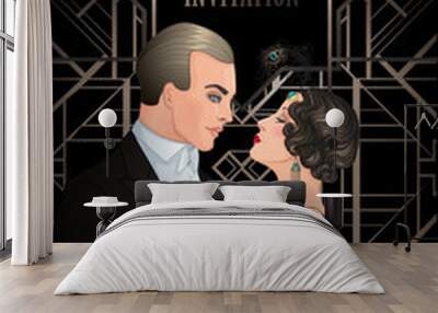 Beautiful couple in art deco style. Retro fashion: glamour man and woman of twenties. Vector illustration. Flapper 20's style. Vintage wedding invitation design template. Wall mural