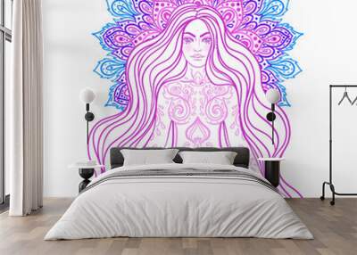 Chakra concept. Girl sitting in lotus position over colorful ornate mandala. Vector ornate decorative illustration isolated on white. Buddhism esoteric motifs. Tattoo, spiritual yoga. Wall mural