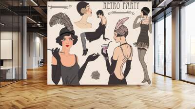 Flapper girl set: retro women of twenties Wall mural