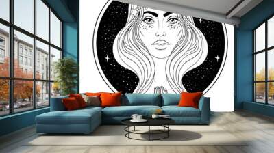 Illustration of Virgo astrological sign as a beautiful girl. Zodiac vector drawing isolated in black and white. Future telling, horoscope, alchemy, spirituality. Coloring book for adults. Wall mural