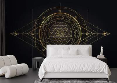 Moon magic. Triple moon pagan Wicca moon goddess symbol. Three-faced Goddess. Maiden, Mother, Crone vector illustration. Tattoo, astrology, alchemy, boho and magic symbol golden over black. Wall mural