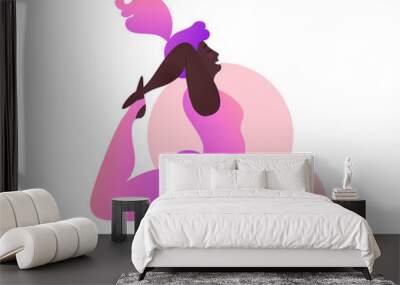 Plus size black curvy lady doing yoga class. Vector illustration isolated on white. Online home workout concept. Body positive. Attractive African American woman. Kapotasana or Pigeon Po Wall mural