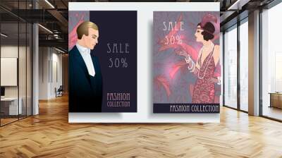 Retro fashion. Costume party or mafia game discount banner template. Flapper girl. Vintage background set (1920's style). Vector illustration for glamour party Wall mural