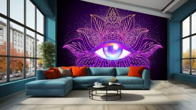 Sacred geometry symbol with all seeing eye over in acid colors. Mystic, alchemy, occult concept. Design for indie music cover, t-shirt print, psychedelic poster, flyer. Wall mural