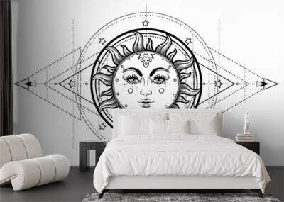 Sun and Triple moon pagan Wicca moon goddess symbol. Three-faced Goddess: Maiden – Mother – Crone isolated vector illustration. Tattoo, astrology, alchemy, boho and magic symbol. Coloring book.. Wall mural