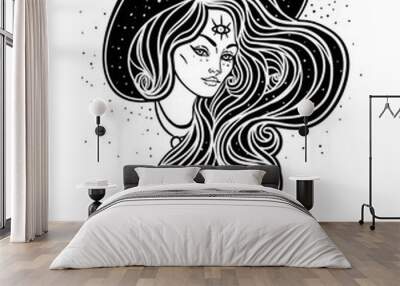 Young beautiful witch. Mystic character. Alchemy, spirituality, occultism, tattoo art. Isolated black and white vector illustration. Halloween concept. Wiccan woman. Wall mural