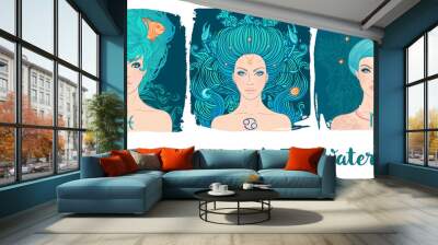 Zodiac girls set: Water. Vector illustration of Pisces, Cancer, Scorpio astrological signs as a beautiful woman. Future telling, horoscope, alchemy, spirituality Wall mural