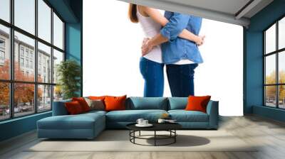 Profile side of smiling attractive couple. Full body length portrait image of standing close and looking at each other models in love studio concept, isolated over white background. Man and woman. Wall mural