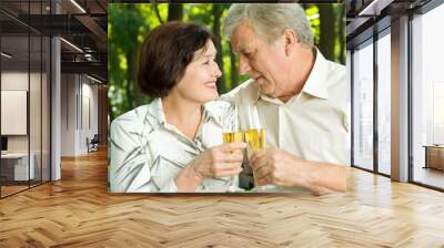 Senior happy couple celebrating with champagne outdoors Wall mural