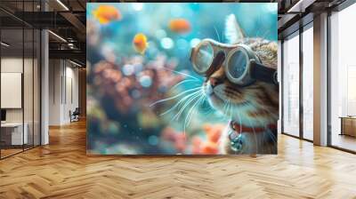 A cat in diving goggles sits near an aquarium and looks at the fish Wall mural