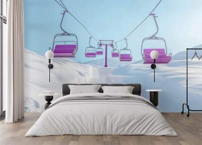 A detailed, high-resolution photograph of a ski lift traveling up a snowy mountain. The bright lavender chairs stand out against the clean, white snow and the clear blue sky Wall mural