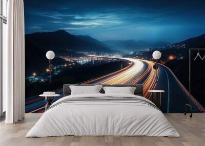 A long exposure photo of a highway at night. Wall mural