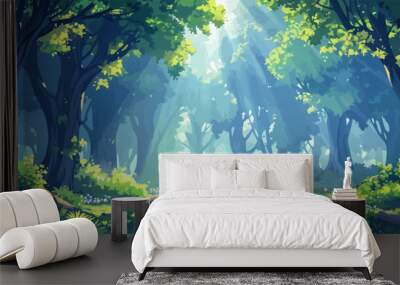 A mystical forest illuminated by shafts of sunlight, with ancient trees standing sentinel over the lush undergrowth. Digital art style vector flat minimalistic isolated Wall mural