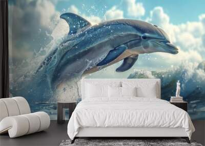 A playful dolphin leaping out of the ocean waves. Wall mural