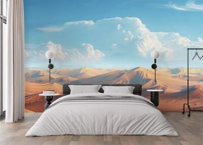 A vast desert landscape stretching as far as the eye can see, with dunes that rise and fall like waves. Wall mural