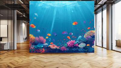 A vibrant coral reef teeming with colorful fish and marine life beneath the surface of the ocean. Vector flat minimalistic isolated illustration. Wall mural