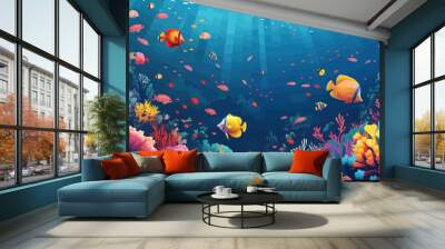 A vibrant coral reef teeming with colorful fish and marine life beneath the surface of the ocean. Vector flat minimalistic isolated illustration. Wall mural