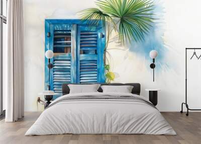 A watercolor painting of the corner detail of an open blue slat wooden geometric cut window on a white wall, with a tropical palm tree and green leaves in front of it.  Wall mural