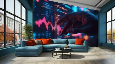 Black man finger touch forex diagrams, stock market data with chart Wall mural