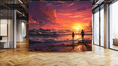 boy and girl running on the beach to see the sunrise on the horizon, digital art style, illustration painting Wall mural