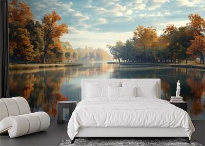 Calm river with autumn trees reflecting in the water, 4K hyperrealistic photo Wall mural