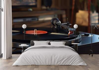 Classic vinyl record player with old records, 4K hyperrealistic photo Wall mural