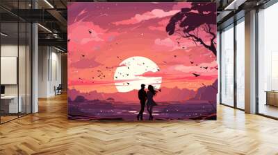 Couple sweet playing romantic scenery pastel vector illustration in concepts cute kawaii anime manga style Wall mural