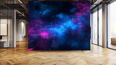 Cyberpunk reverie: Sci-fi inspired abstract with blue and purple neon light shapes on a black background Wall mural