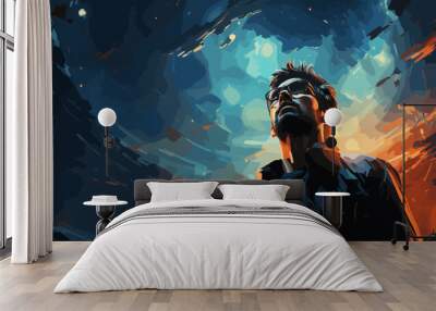 futuristic man standing and looking at the sky with a strange beam of light., digital art style, illustration painting Wall mural