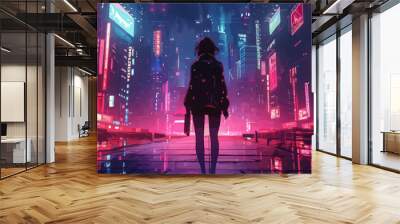 girl in a cyberpunk city dressed in anime vector cartoon cyberpunk. vector simple illustration Wall mural