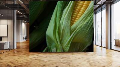 Green composition of colorful corn stalks and yellow, ripe grains. Wall mural