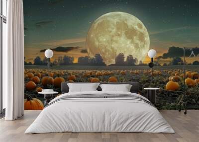 Harvest moon rising over a pumpkin field, 4K hyperrealistic photo Wall mural