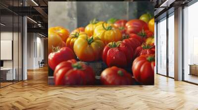 Heirloom tomatoes in various colors, 4K hyperrealistic photo Wall mural