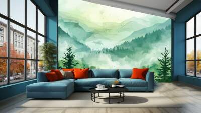 landscape mountain on Green background. Traditional watercolor orienta. vector simple illustration Wall mural