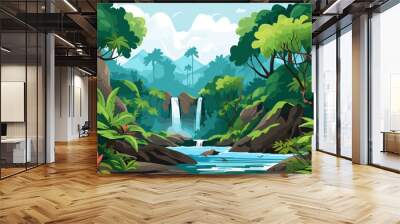 lush rainforest with waterfall vector simple 3d isolated illustration Wall mural