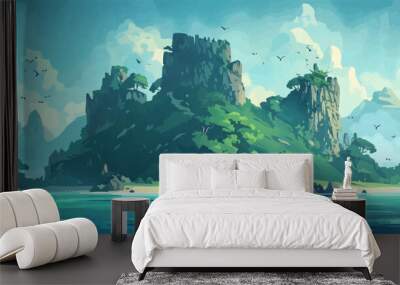 Misty island surrounded by mysterious atmosphere and hidden secrets. Digital art style vector flat minimalistic isolated illustration. Wall mural