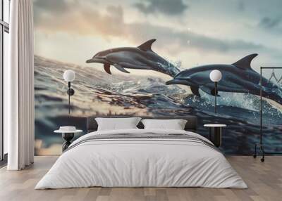 Playful dolphins leaping out of the ocean, 4K hyperrealistic photo Wall mural