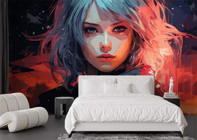 Portrait of anime cyber girls with huge light sword. Illustration in the retro style film. vector flat bright colors Wall mural