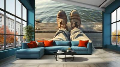 Sitting on a dock with feet in the water, 4K hyperrealistic photo Wall mural