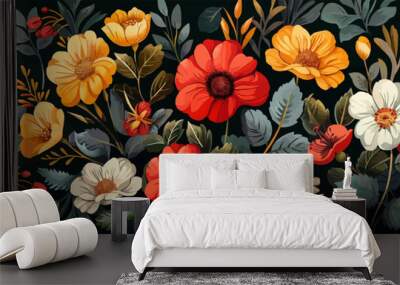 Stylish floral seamless rapport summer flowers with foliage. Vector Wall mural