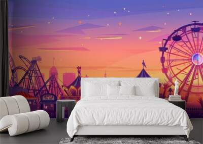 Vector background of amusement park. Poster design invitation of the carnival funfair and amusement with sunset. Ferris wheel, roller coaster and carousel festive parks attractions. Wall mural