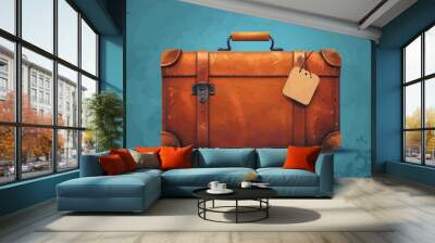 Vintage leather suitcase with tags Vector flat minimalistic isolated illustration Wall mural